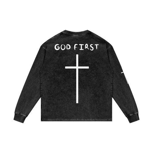 "GOD FIRST" Acid Wash Long Sleeve